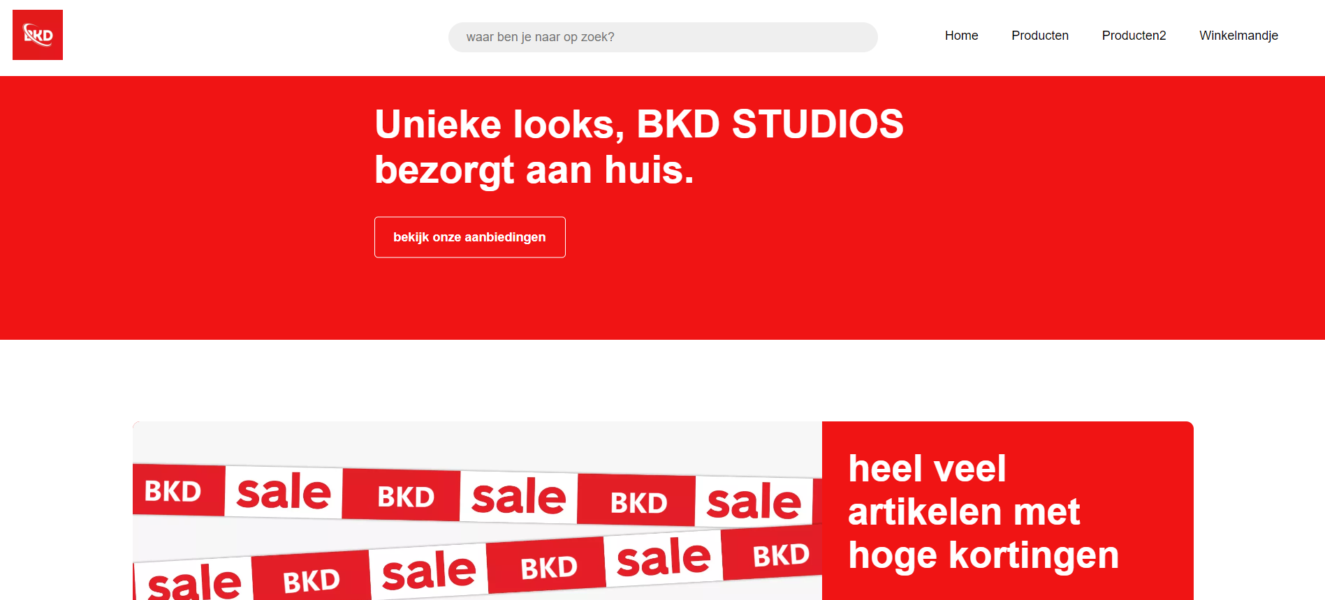 Eerste pagina van de webshop site